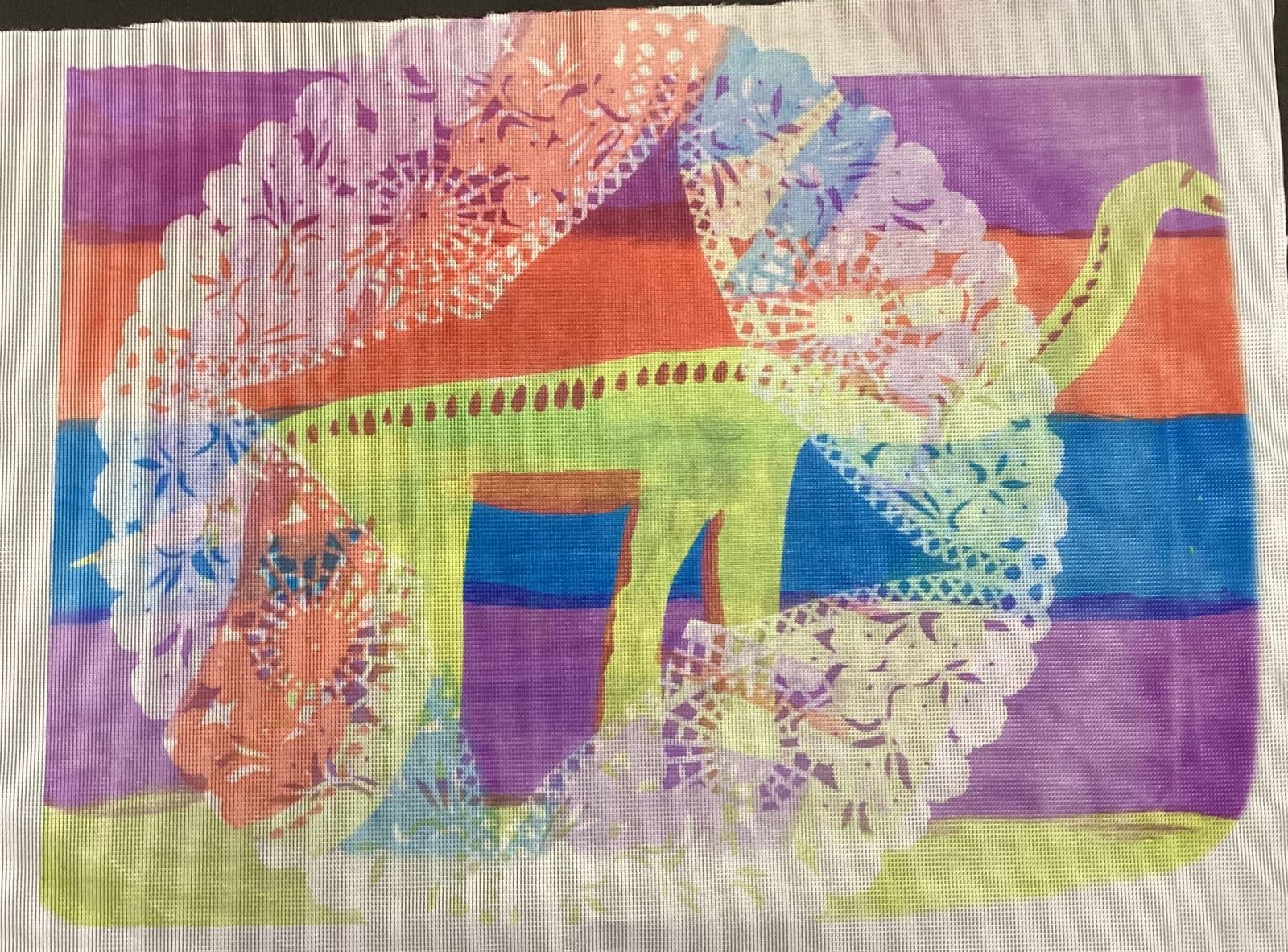 yellow brontosaurus on a rainbow background with a white floral ring