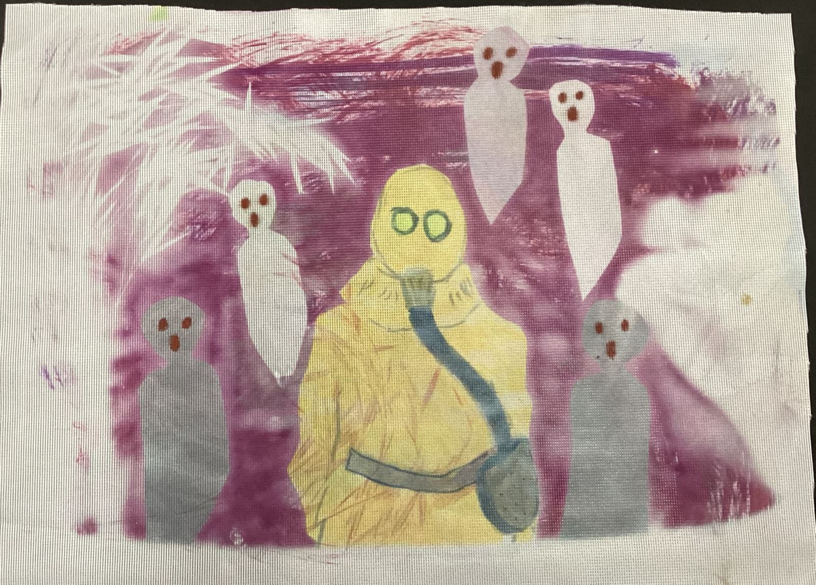 a person in a yellow biohazard suit surrounded by ghosts on a maroon background