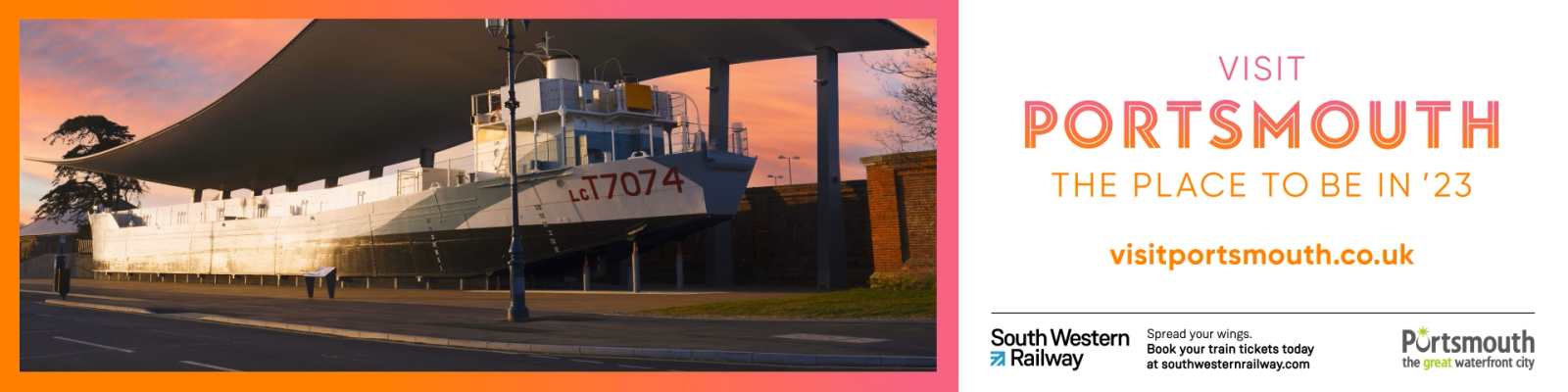 Photograph of LCT 7074 at The D-Day Story alongside the wording: Visit Portsmouth: The place to be in '23