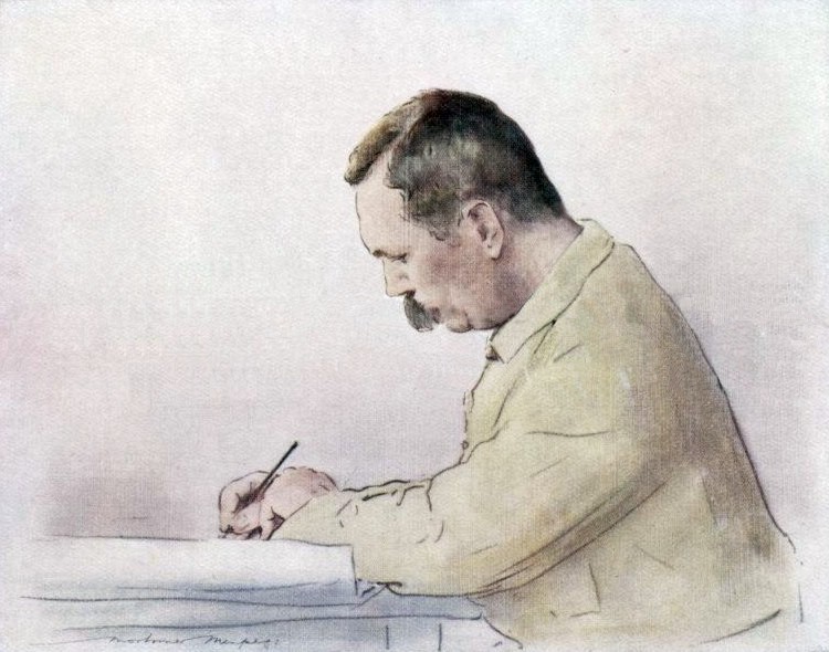 A watercolour painting of Conan Doyle writing at a desk