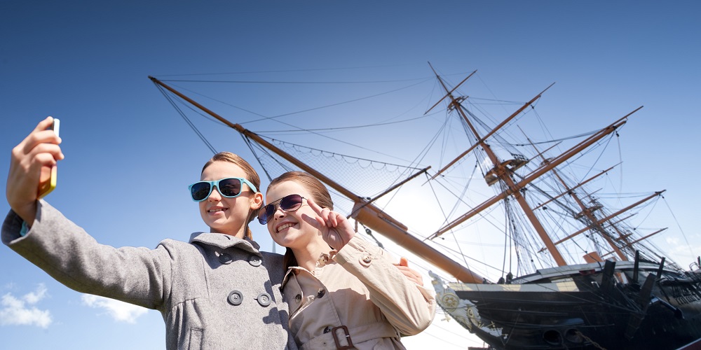 Girls taking a selfie at Portsmouth Historic Dockyard