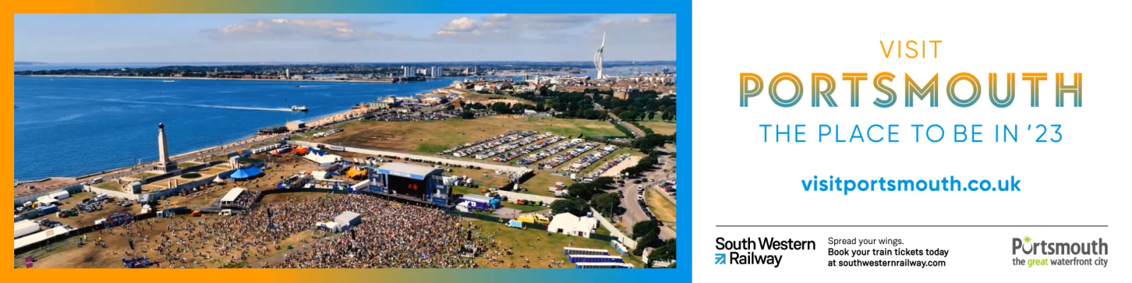 Banner image showing an aerial photograph of Victorious Festival alongside the wording: Visit Portsmouth: The place to be in '23
