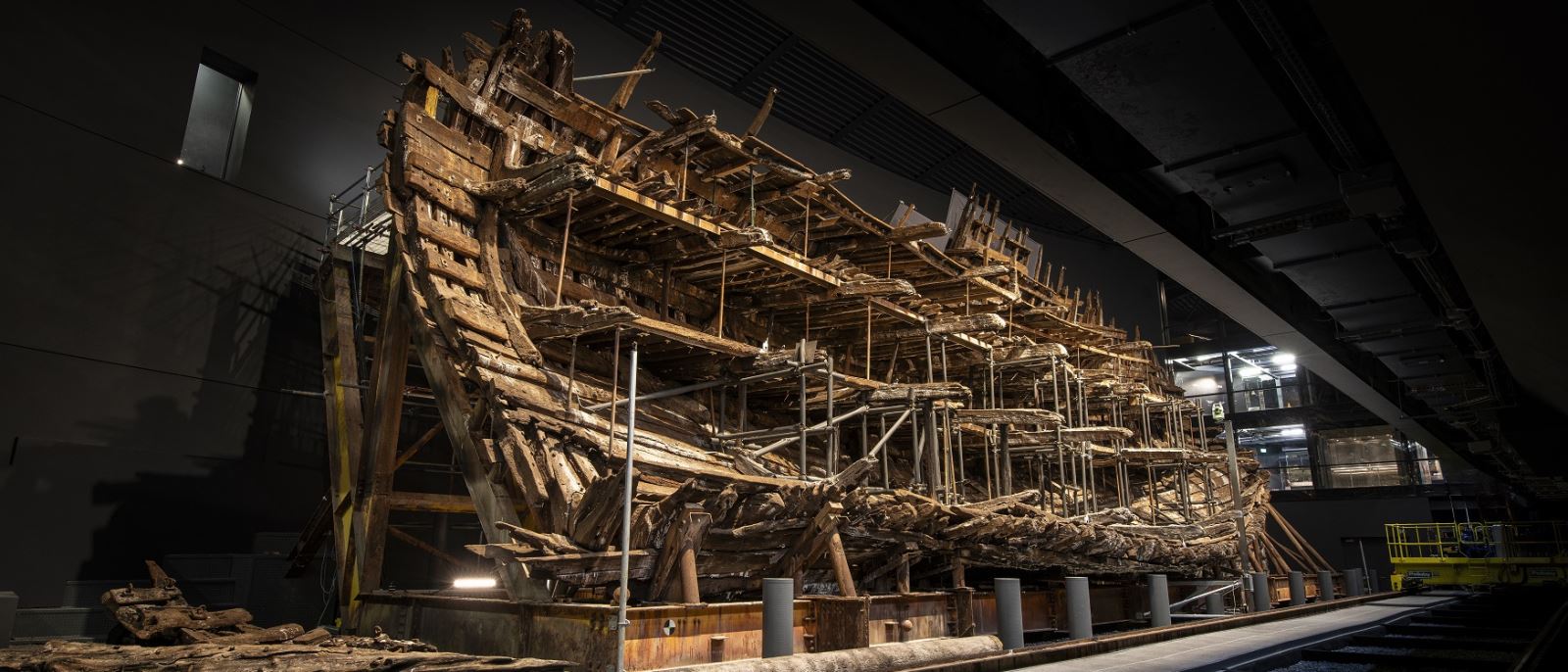 A view of the Mary Rose ship hall, featuring the remains of the hull