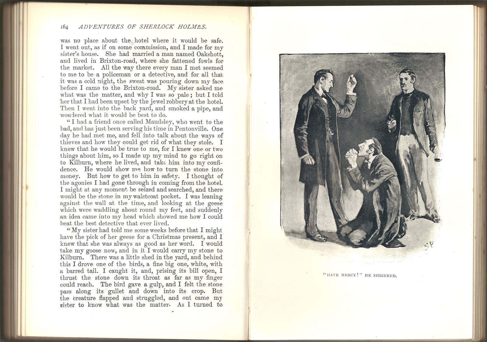 a page of the book on the left and an illustration of a man on his knees before two other men pleading for mercy
