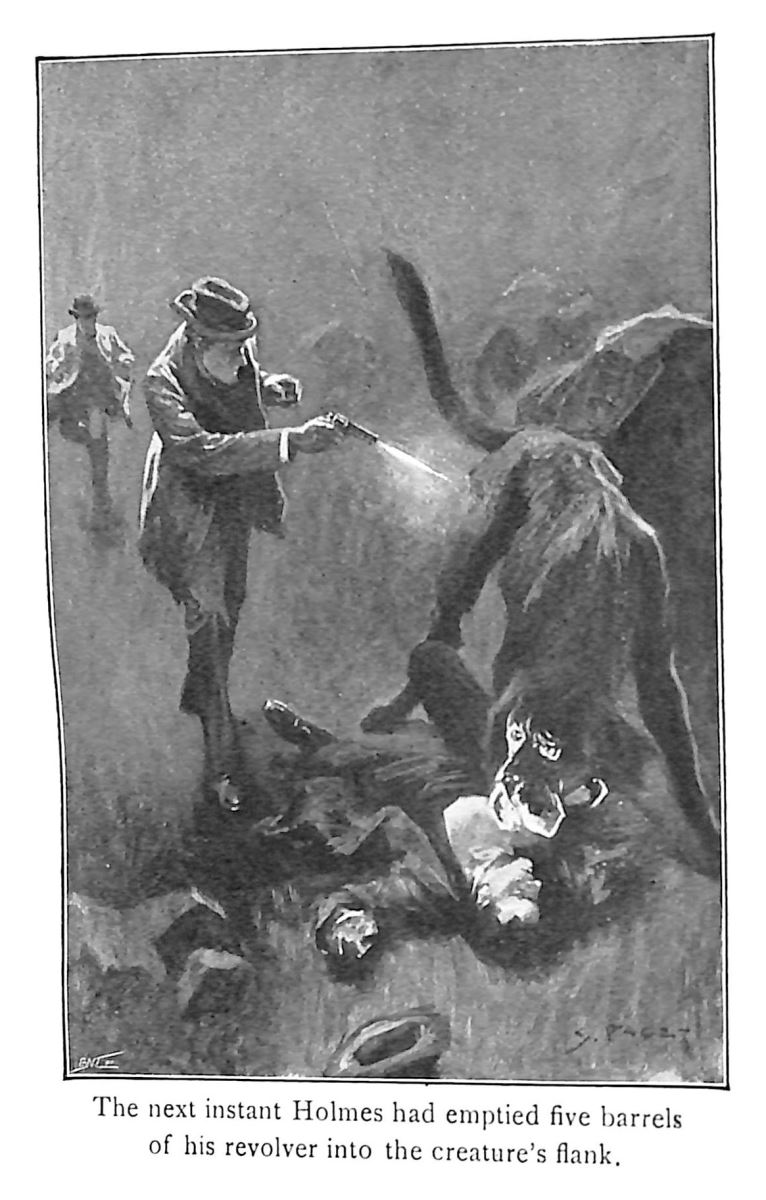 Sherlock Holmes shooting a dog as it is attacking someone on the ground with the caption, The next instant Holmes had emptied five barrels of his revolver into the creature's flank.