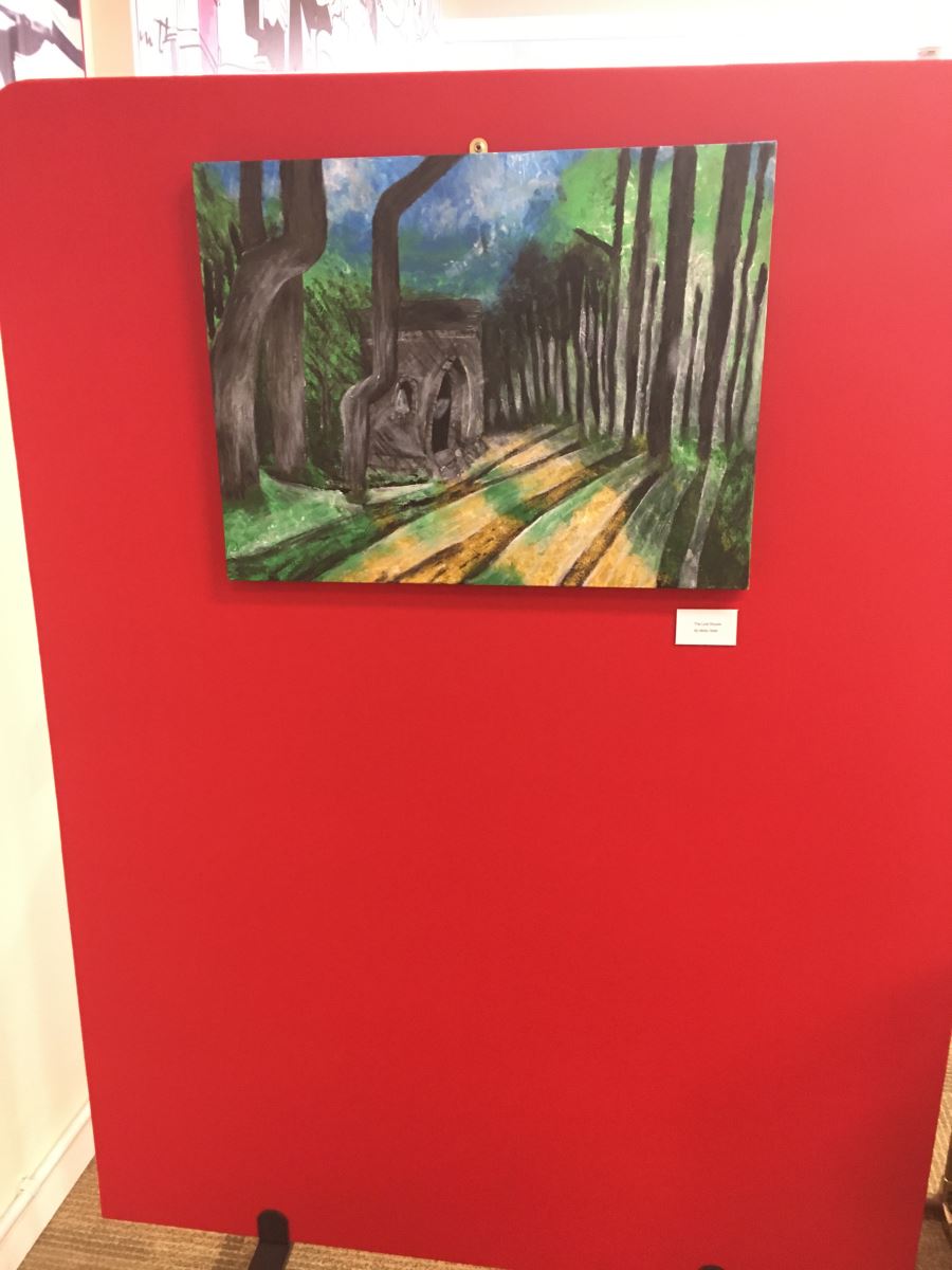 a painting of a shadowy forest