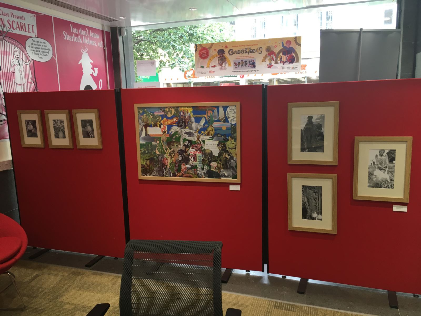 an assortment of artwork from the exhibition, featuring pictures from The Cottingley Fairies, a collage and some photographs