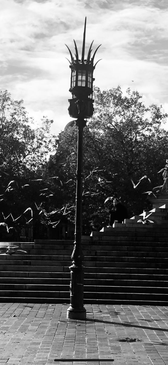 black and white photo of a old style lamppost with a flock of birds taking off in the background