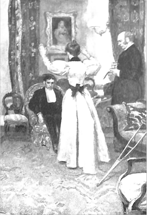 A man siting in an armchair looking towards a woman raising her hands up with another man looking on from the side.